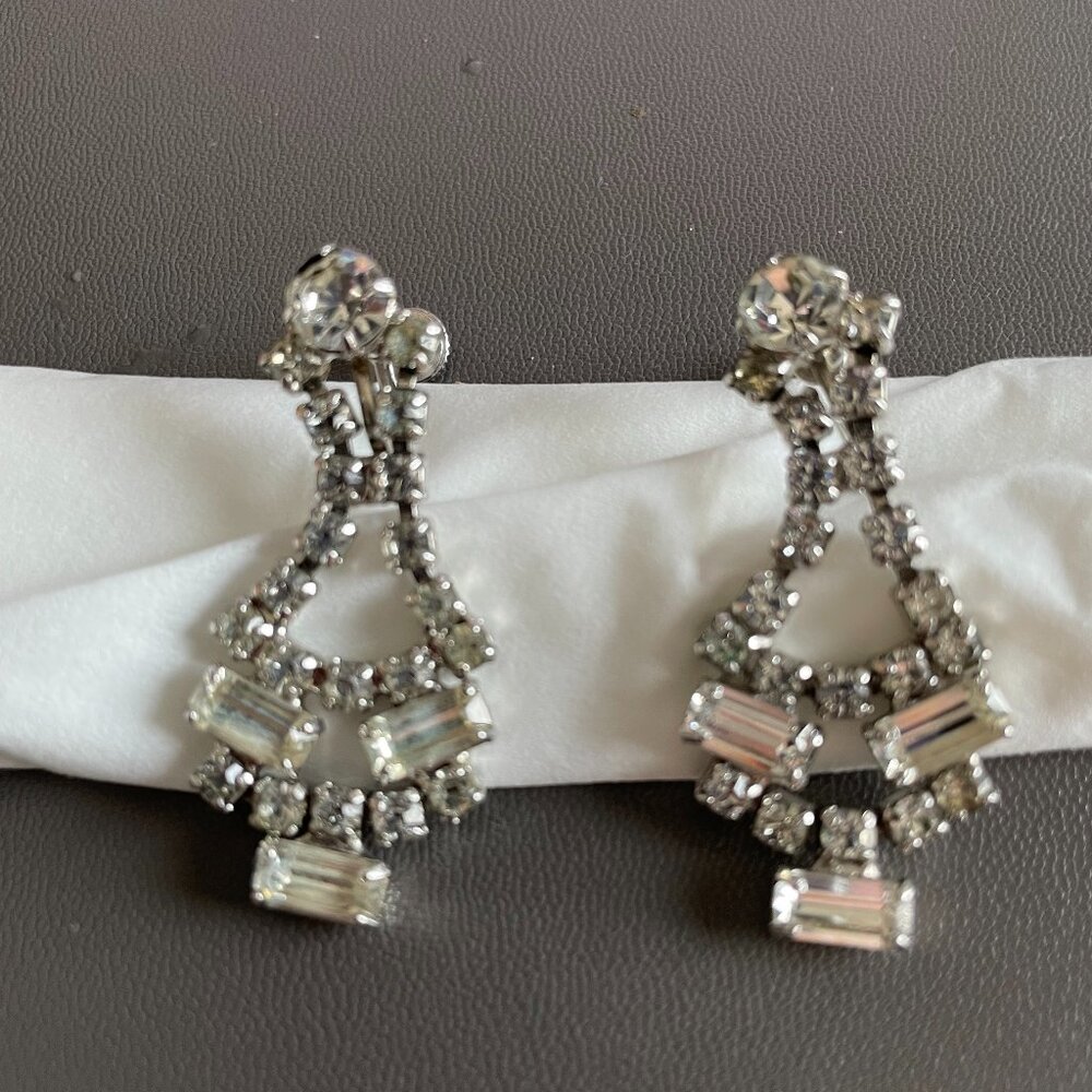 Vintage Dangle Silvertone Rhinestone Earrings Screw Back 1950s